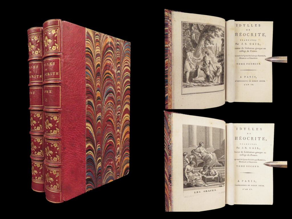 Idylles of theocritus – 1796 | beautiful morocco, 19 engravings | french 2vol | 1796 paris didot edition of theocritus’s idylls translated by j. B. Gail in red morocco with gilt spine, marbled edges, and 19 engraved plates.