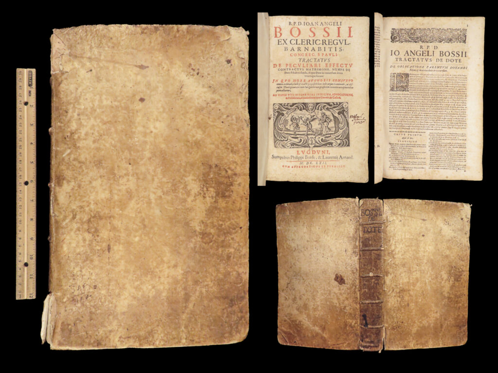 Tractatus de dote – giovanni bossi – 1662 | first edition, marriage law folio | giovanni angelo bossi’s 1662 folio on dowry contracts explores marriage law under latin civil and ecclesiastical frameworks, bound in vellum and printed in lyon.
