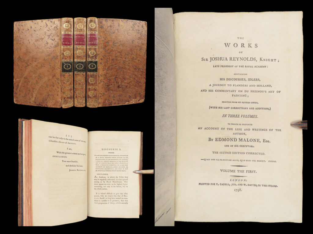 Works of sir joshua reynolds – 1798 | art of painting, journey to flanders, 3vol | three-volume second edition of reynolds’ 1798 works featuring royal academy discourses, essays, continental travel commentary, and du fresnoy annotations with two portrait frontispieces.