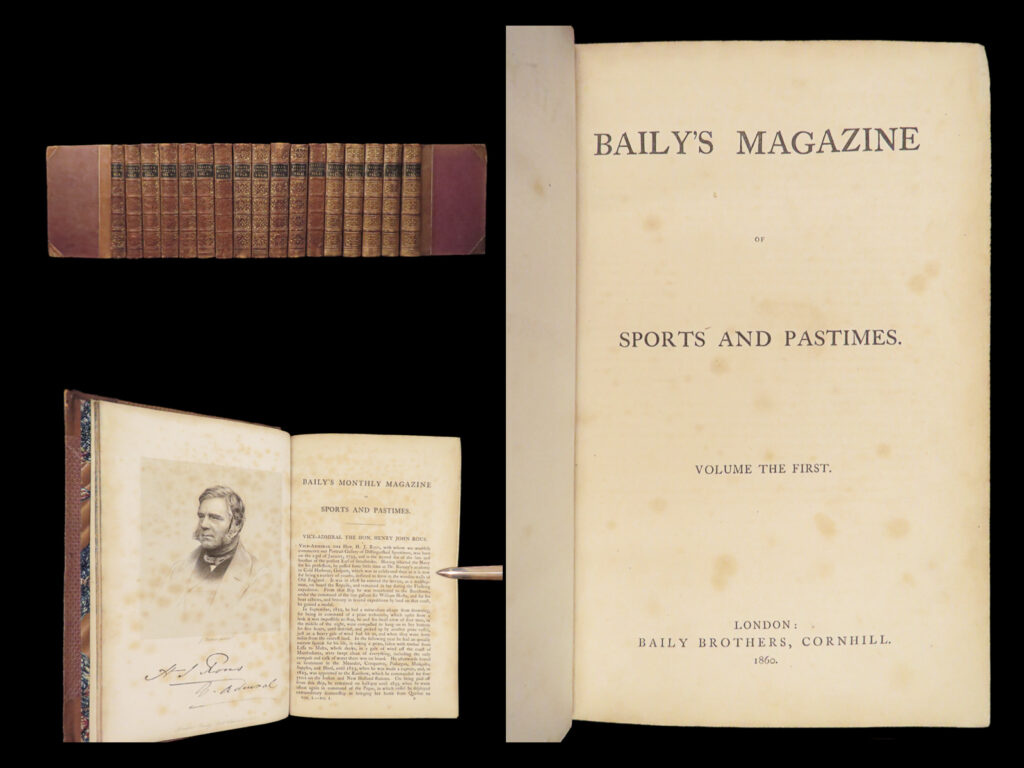 Baily's magazine of sports and pastimes – 1860–1870 | 18 volumes illustrated | eighteen volumes (1860–1870) of a british sporting magazine with content on equestrian sport, cricket, football, theater, and serialized fiction; volume 7 not present.