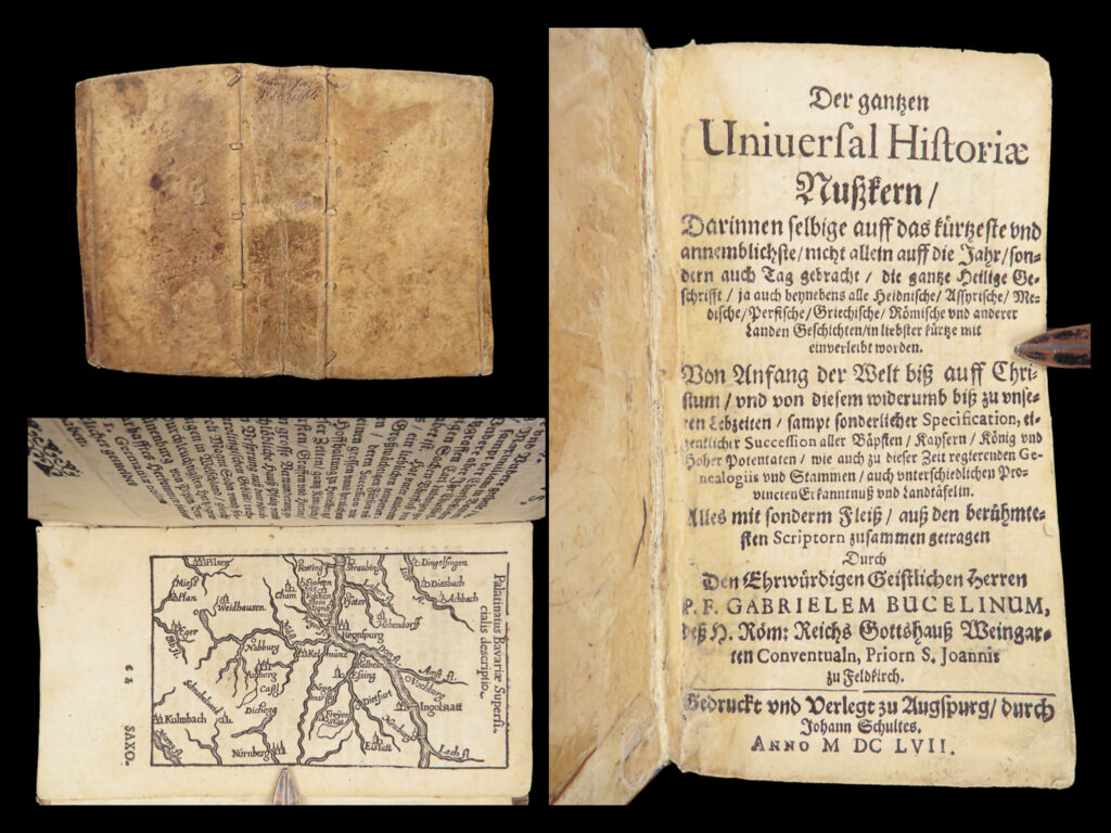 Der gantzen universal historiae nusskern – gabriel bucelin – 1657 | 15 maps, vellum binding | gabriel bucelin’s 1657 der gantzen universal historiae nusskern presents a global chronological reference in latin, including 15 engraved regional maps and royal succession lists in a compact vellum-bound format.