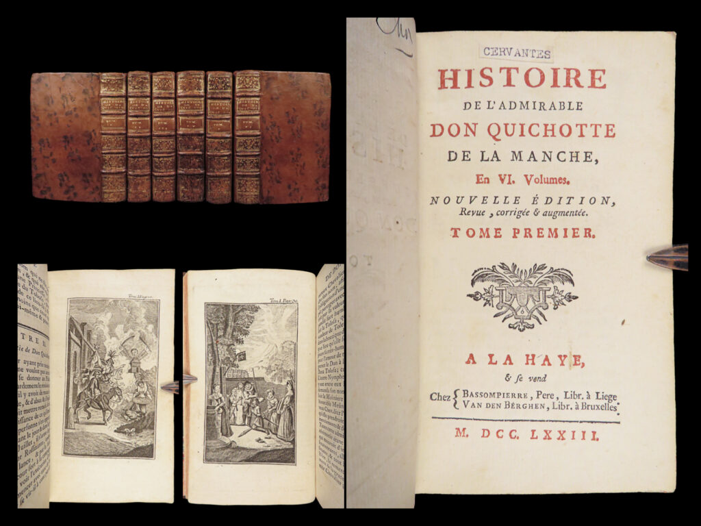 Don quichotte – cervantes – 1773 | illustrated french 6v with new ending | six-volume 1773 french edition of cervantes’s don quichotte, translated by filleau de saint-martin with 32 engraved plates and bound in gilt-titled leather.