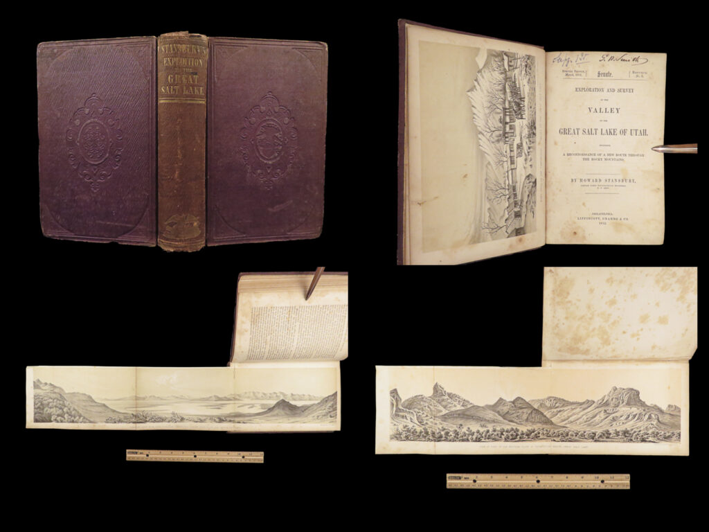 Exploration of the great salt lake – howard stansbury – 1852 | first edition, 58 plates | this first senate edition of stansbury’s 1852 u. S. Army corps report on his expeditionary survey of the great salt lake region details the geography and mineral potential of the region, as well as describing mormon life and emigration routes.