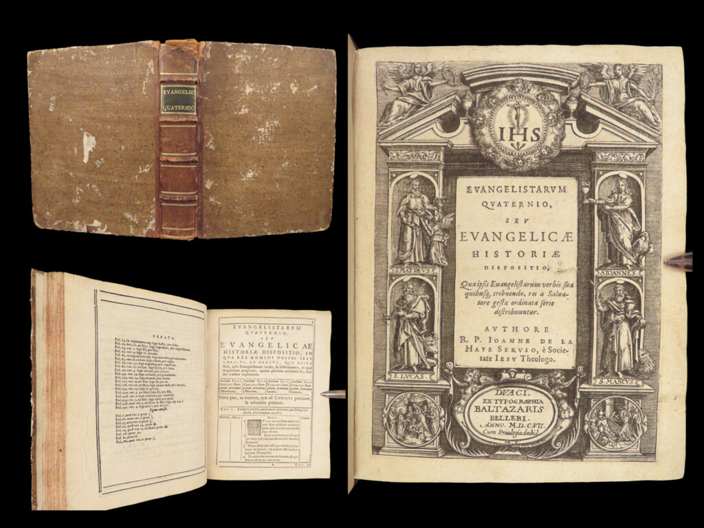 Evangelistarum quaternio – jean de la haye – 1607 | first edition, gospel harmony | 1607 first edition of jean de la haye’s harmonized gospel commentary, printed in douai with engraved title page and chronological arrangement of christ’s life.