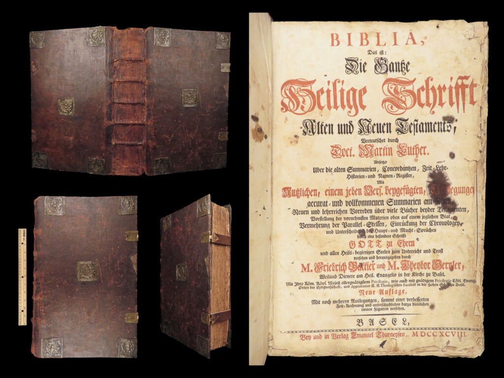 Biblia – holy bible – 1798 | martin luther translation, basel folio, woodcuts | 1798 german bible translated by luther, printed in basel by thurneysen, with old and new testaments, apocrypha, and ten woodcuts including views of solomon’s temple. Large folio with brass-cornered leather binding.
