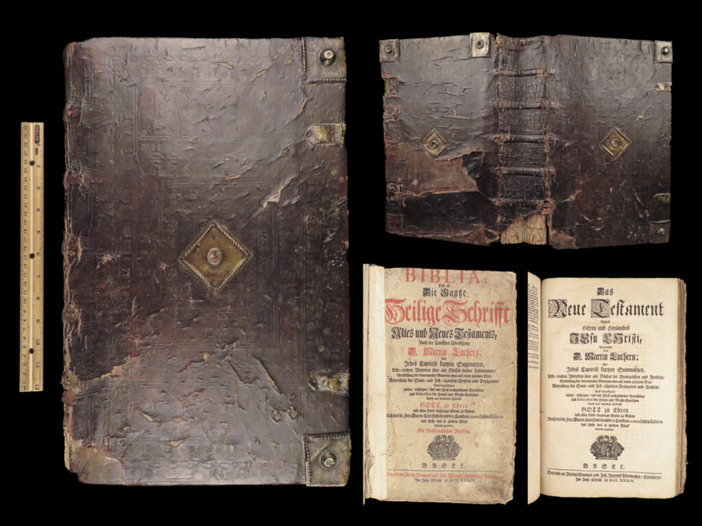 Biblia – holy bible – 1734 | martin luther, enormous german basel folio | 1734 german bible translated by luther, printed in basel by thurneysen, with old and new testaments, apocrypha, with countless woodcut illustrations throughout.
