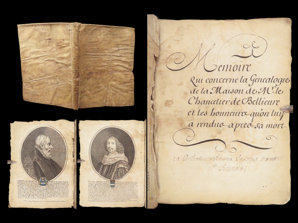 Memoire genealogie de bellievre – ca. 1655 | handwritten french manuscript | handwritten french genealogical manuscript from ca. 1655 centered on the bellievre family and chancellor pomponne de bellièvre, bound in vellum with three portraits.