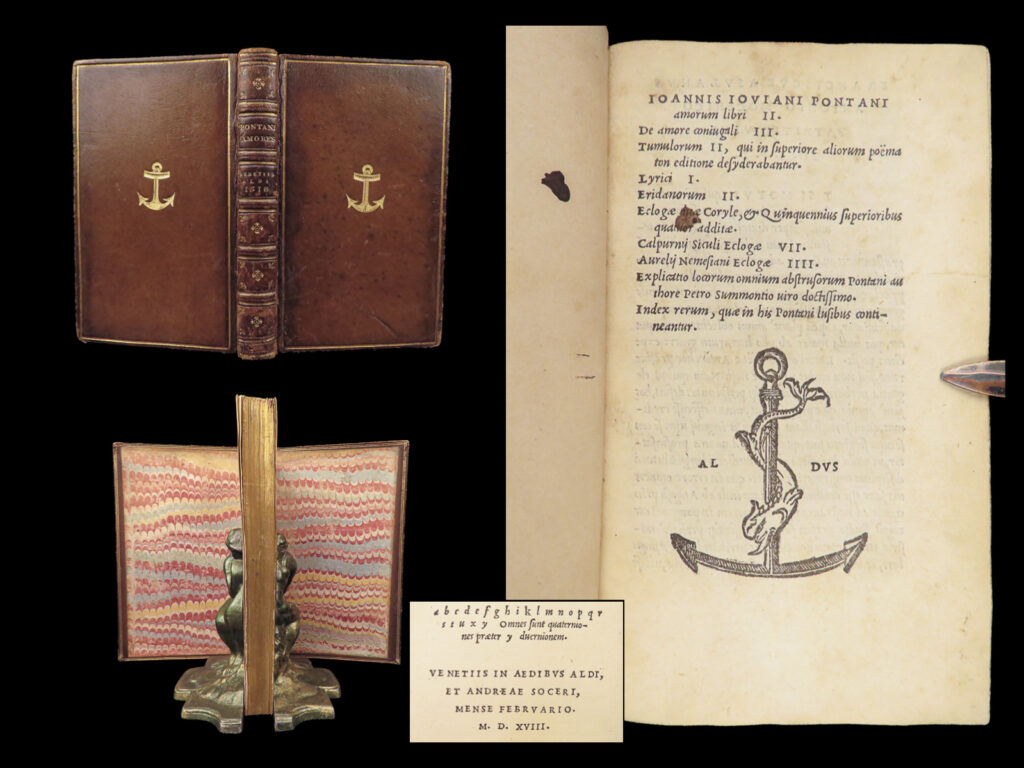 Works of giovanni pontano – aldine press – 1518 | first edition, post-incunable | giovanni gioviano pontano’s amorum libri ii (aldine press, 1518) collects his lyric poetry with works by calpurnius and nemesianus, featuring the dolphin-and-anchor device and early full leather binding.