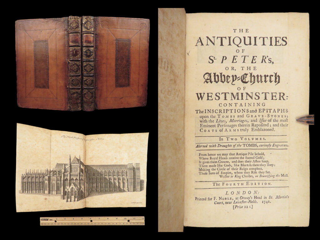 Antiquities of westminster abbey – jodocus crull – 1741 | 60 plates | crull’s illustrated 1741 history of westminster abbey includes 60 engraved plates showing royal tombs, church interiors, and heraldic art, across two leather-bound volumes.