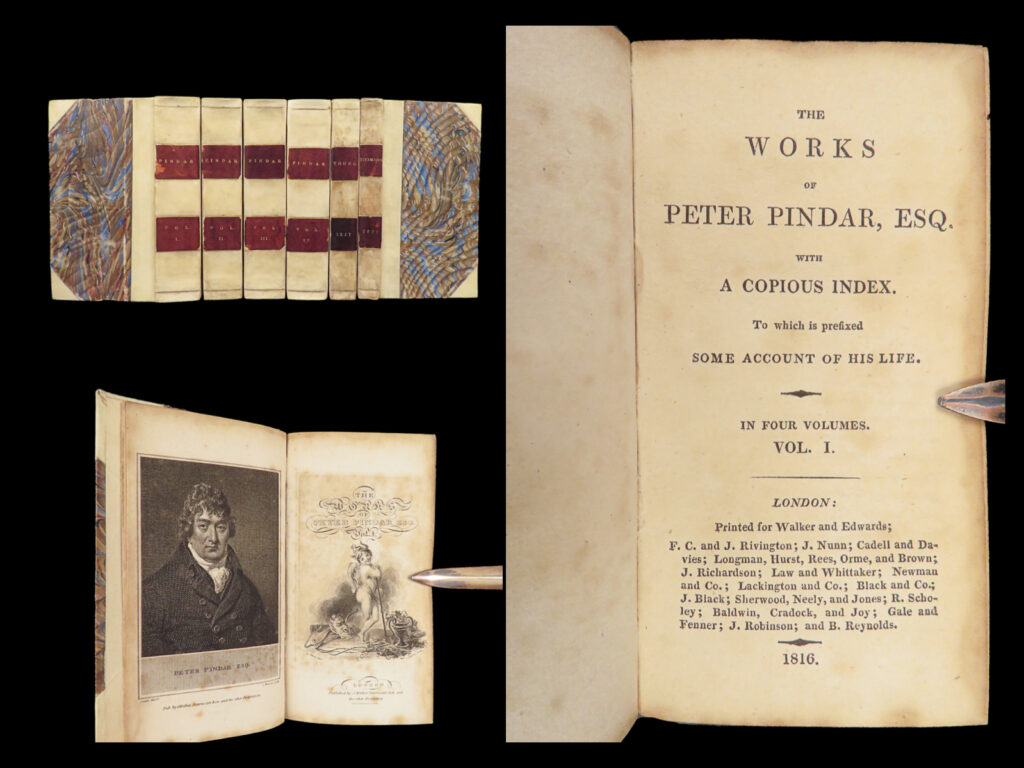 The works of pindar, thomson, and young – 1816 | beautiful vellum display, 6 volumes | collected works of peter pindar (wolcot), thomson, and young in six early 19th-century london-printed volumes bound in matching vellum and marbled boards.