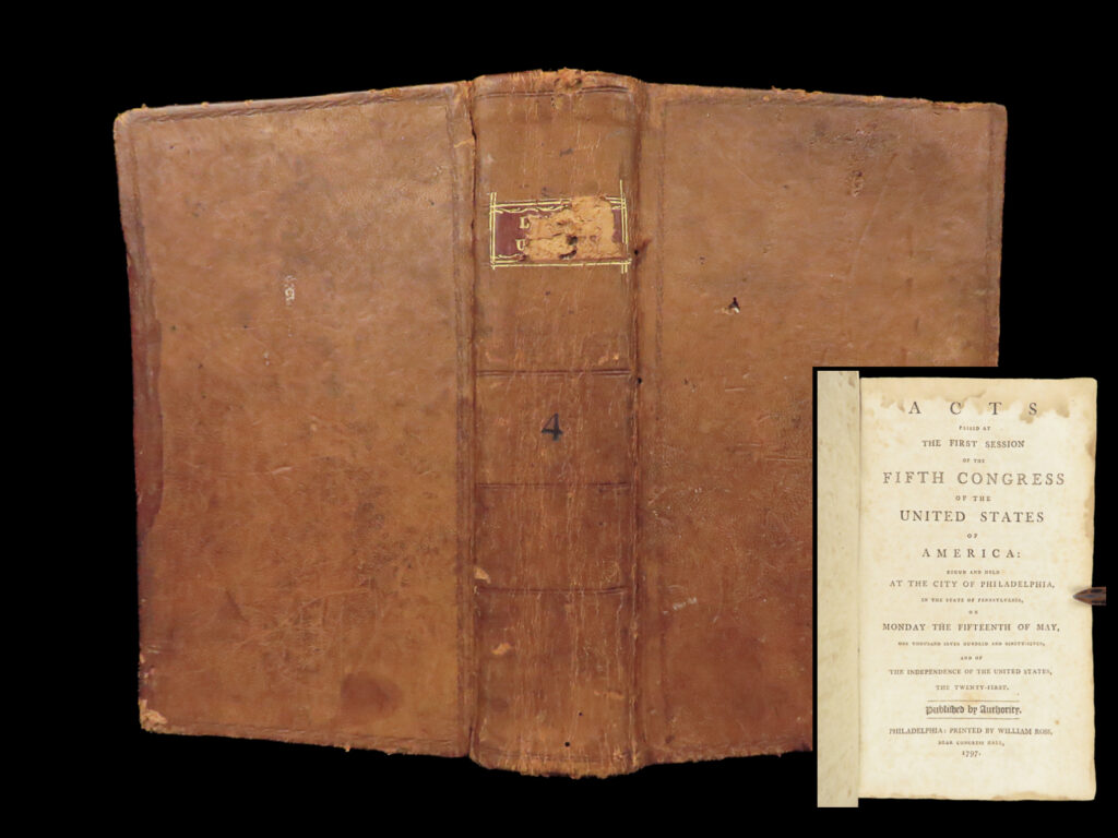 Acts passed at the fifth congress – united states – 1797 | first edition | first edition 1797 philadelphia printing of acts passed at the first session of the fifth congress of the united states, containing foundational early american legislation including the treaty of tripoli and laws shaping citizenship and naval establishment.