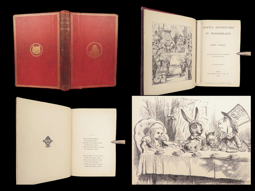 1878 alice in wonderland lewis carroll tenniel illustrated fantasy classic | <em> </em> <em>“if i had a world of my own, everything would be nonsense. Nothing would be what it is, because everything would be what it isn't. ” </em> <em>– </em>lewis carroll<em>, alice in wonderland</em>   lewis carroll’s landmark masterpiece, ‘<em>alice’s adventures in wonderland,</em>’ was first published in 1865. This fascinating fantasy tale of a young girl falling down a rabbit hole, is surely one of the most iconic pieces of literature for all time. It has been adapted into many different versions of film, most notably by disney in 1951.   a fine 1878 edition of “<em>alice in wonderland</em>”, featuring forty-two of tenniel’s bizarre, cartoon illustrations including a charming cover board illustration. Tenniel’s illustrations are often considered the best of the ‘<em>alice’</em> illustrations.   item number: #28076 price: $750