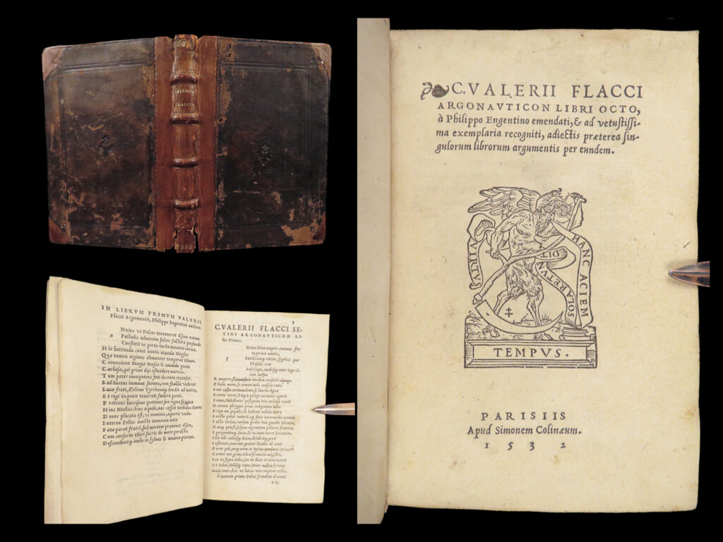 Argonauticon | valerius flaccus, 1532 – jason & argonauts, golden fleece | 1532 paris edition of valerius flaccus’s argonauticon libri octo, edited by philippo engentino, printed by simon de colines, complete in 103 leaves with printer’s device on title page.
