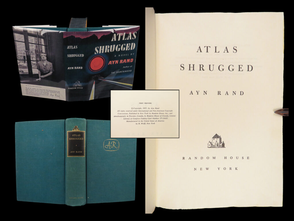 Atlas shrugged – ayn rand – 1957 | first edition, first printing | this first printing of ayn rand’s last novel, <em>atlas shrugged,</em> presents a dystopian future where government control and economic policy penalize innovation in favor of mediocrity, discussing what individual freedom looks like in a free market society.