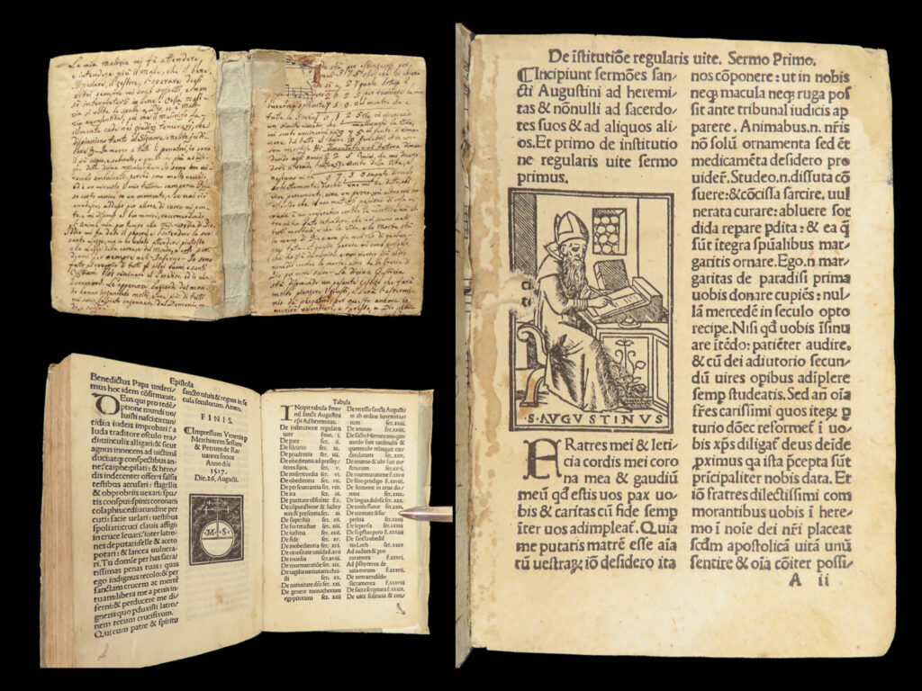 Sermones Sancti Augustini – 1517 | Sermons Of Pseudo-Augustine, Venice Post-Incunable | 1 Sermones sancti augustini – 1517 | sermons of pseudo-augustine, venice post-incunable | a 1517 venetian edition of augustinian sermons in latin, featuring a woodcut portrait and printer’s device, with 270 unnumbered pages in 16mo format, lacking title page.
