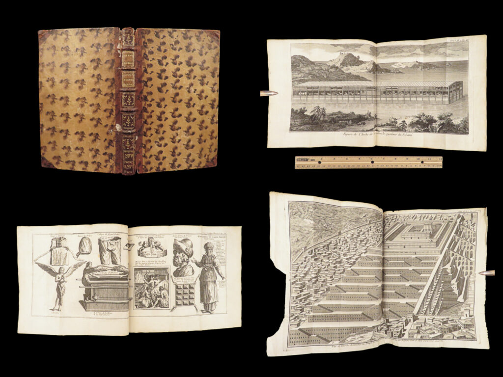 Collection of bible illustrations – french – ca. 1775 | leather binding, maps & plates | french 19th-century collection of 38 plates depicting biblical stories and artifacts, including noah’s ark, tower of babel, ark of the covenant, and 13 maps of jerusalem. Bound in leather with marbled boards.