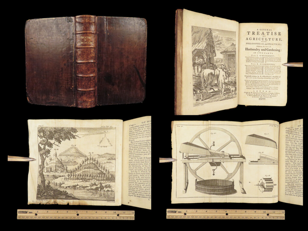 A general treatise of agriculture – richard bradley – 1757 | first edition, illustrated | first edition of richard bradley’s 1757 a general treatise of agriculture, an early english work on husbandry and gardening featuring 21 engraved plates of tools, waterwheels, and farm layouts in leather binding.