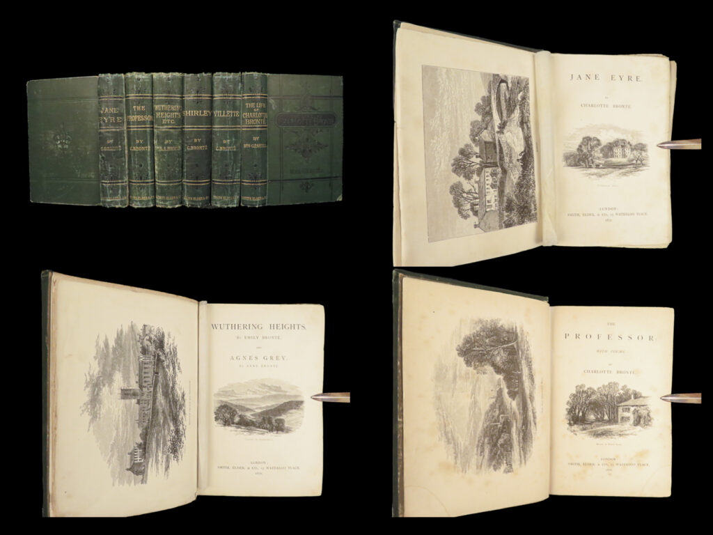 1876 Bronte Novels Jane Eyre Wuthering Heights Shirley Feminism Villette 6V | 1 1876 bronte novels jane eyre wuthering heights shirley feminism villette 6v | <em>“happiness quite unshared can scarcely be called happiness; it has no taste. ”</em> <em>― </em>charlotte brontë <em> </em> famous novels of the brontë sisters, including <em>jane eyre</em>!   the brontë sisters produced some of the most famous and popular novels of the 19<sup>th</sup>-century including <em>jane eyre</em>, by charlotte. This set of volumes was published from 1876 to 1878 by smith and elder and includes famous works such as ‘<em>jane eyre’</em>, ‘<em>wuthering</em> <em>heights’</em>, and ‘<em>shirley’</em>.   item number: #28044 price: $750