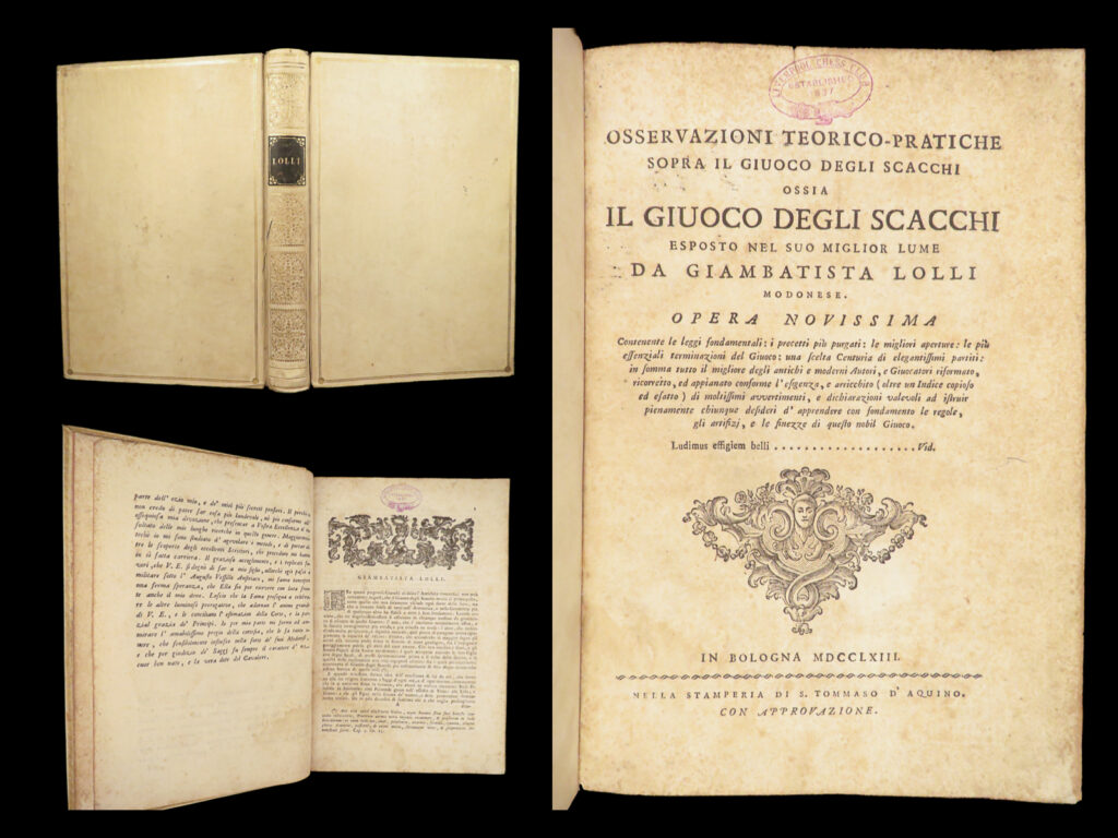Osservazioni sopra il giuoco degli scacchi – lolli – 1763 | first edition | chess manual | first and only edition of lolli’s 1763 folio on italian chess strategy, featuring opening theory, rare endgames, and the earliest mention of lolli’s mate.