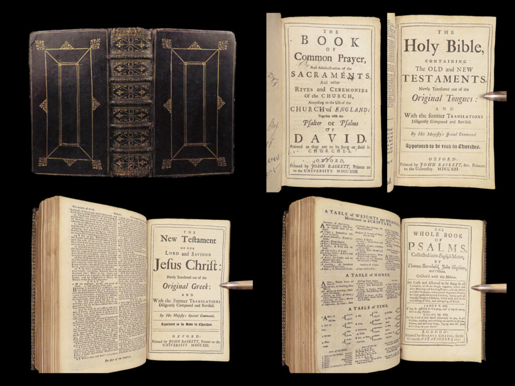 The book of common prayer – church of england – 1722 | john baskett holy bible | 1722 oxford printing of the book of common prayer by john baskett, bound with the psalter and complete old and new testaments in duodecimo format.