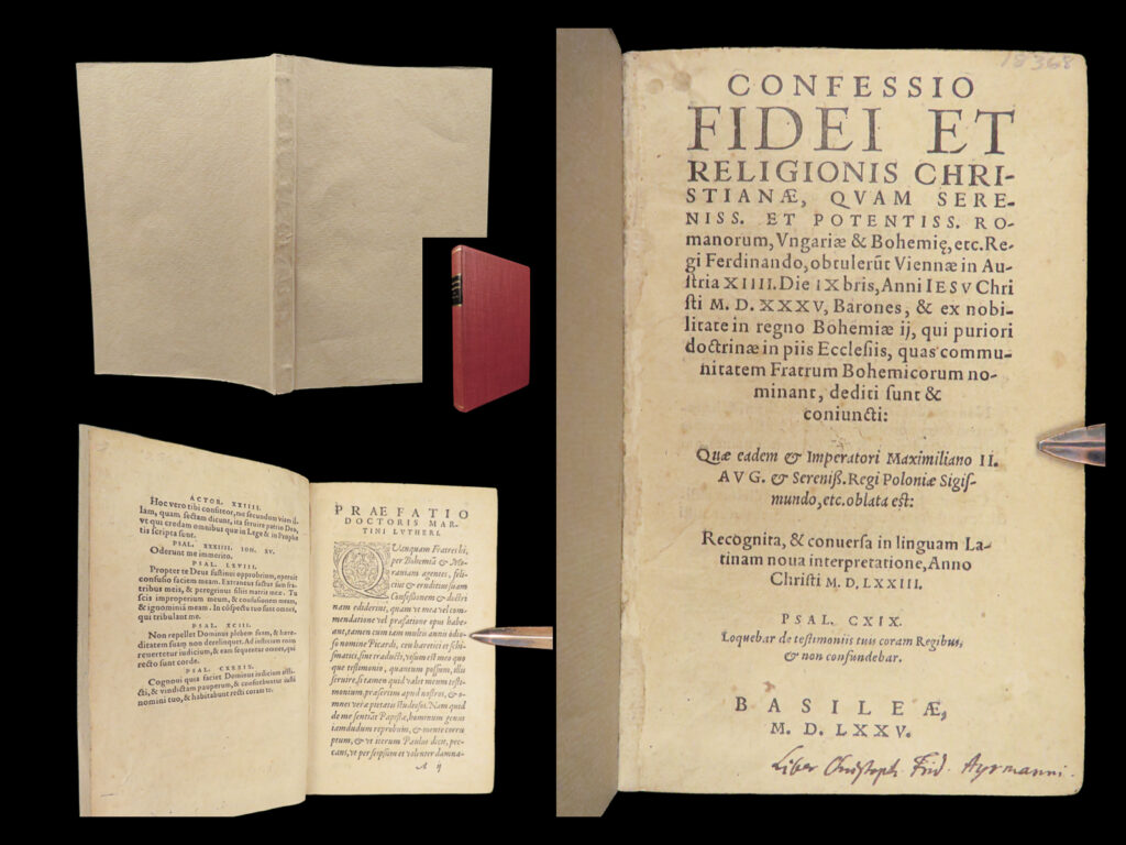 Confessio fidei – bohemian brethren – 1575 | reformation statement of faith | confessio fidei et religionis christianae by the bohemian brethren, printed in basle in 1575, translated by esrom rüdinger, with texts by luther, melanchthon, and bucer, complete in 221 pages with paper binding and later slipcase.
