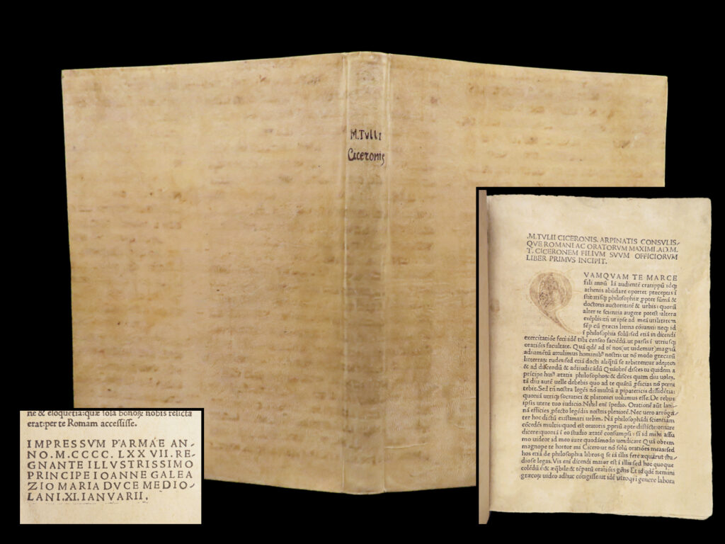 De officiis – cicero – 1477 | complete incunable, first parma edition | cicero’s de officiis printed in parma by stephanus corallus in 1477, the first parma edition and a cornerstone of renaissance philosophy, includes additional texts on old age, friendship, stoicism, and cosmology.