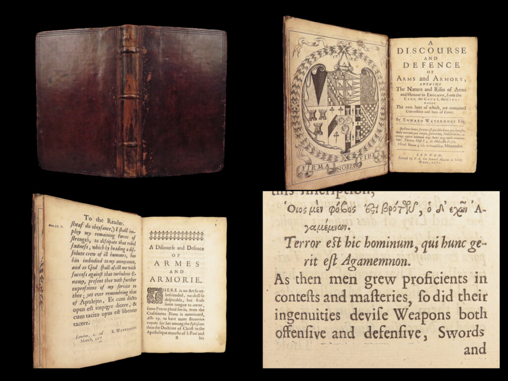 Discourse and defence of arms and armory, edward waterhouse – 1660 | first edition heraldry | edward waterhouse’s a discourse and defence of arms and armory, published in london in 1660, first edition with an engraved frontispiece, explores heraldry, nobility, and english traditions of honor.