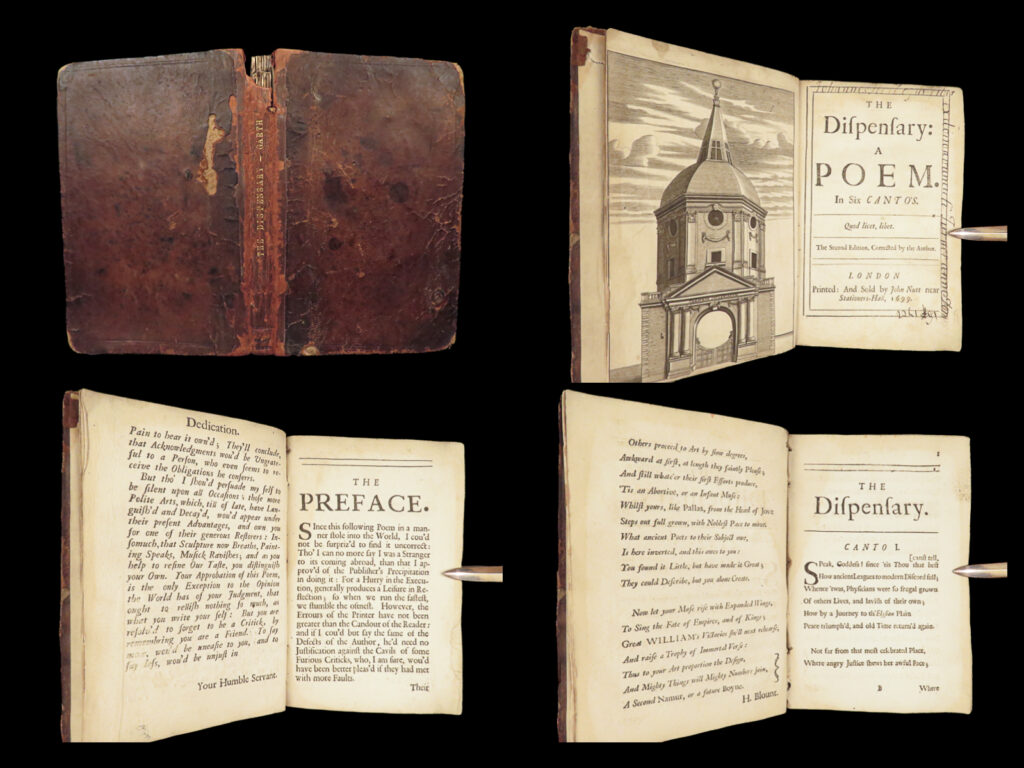 The dispensary – samuel garth – 1699 | satirical poem on english apothecaries & medicine | second edition of samuel garth’s 1699 poem the dispensary, a six-canto satire addressing the medical disputes of late seventeenth-century london, with an engraved frontispiece of the royal college of physicians.
