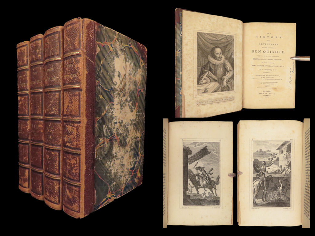 Don quixote – miguel de cervantes – 1796 | first dublin edition with 22 engravings | first dublin edition of cervantes’ don quixote translated by tobias smollett, published in 1796 in four volumes with 22 engraved plates, notable for its literary significance and eighteenth-century irish imprint.