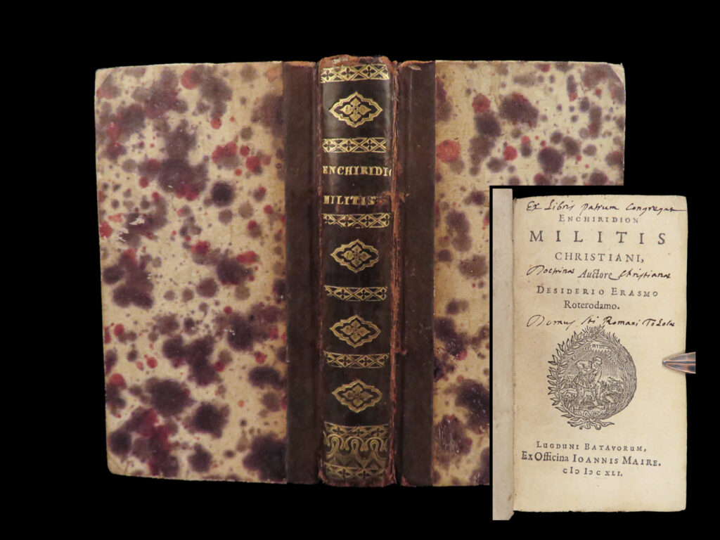 Enchiridion militis christiani – erasmus of rotterdam – 1641 | christian discipline | 1641 leiden edition of erasmus’s enchiridion militis christiani, a compact latin devotional handbook in leather binding with marbled boards, an influential work in christian humanist thought.