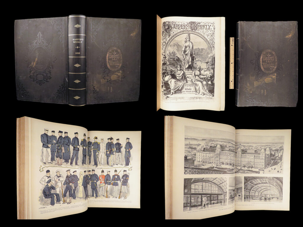 Harper’s weekly – 1898, first edition | huge folio | japan & korea reports | 1898 folio annual of harper’s weekly, including korean travel narratives, spanish-american war engravings, roosevelt, hawaii, and early american football.