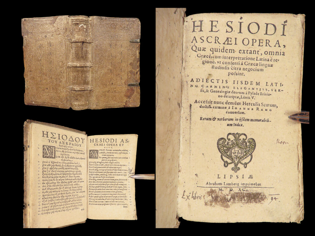 Works Of Hesiod – 1591 | Hesiodus Theogony In Greek &Amp; Latin | Tooled Vellum | 1 Works of hesiod – 1591 | hesiodus theogony in greek & latin | tooled vellum | a 1591 leipzig edition of hesiod’s opera edited by johann ramus, presenting the theogony in greek with latin translation, bound in vellum.