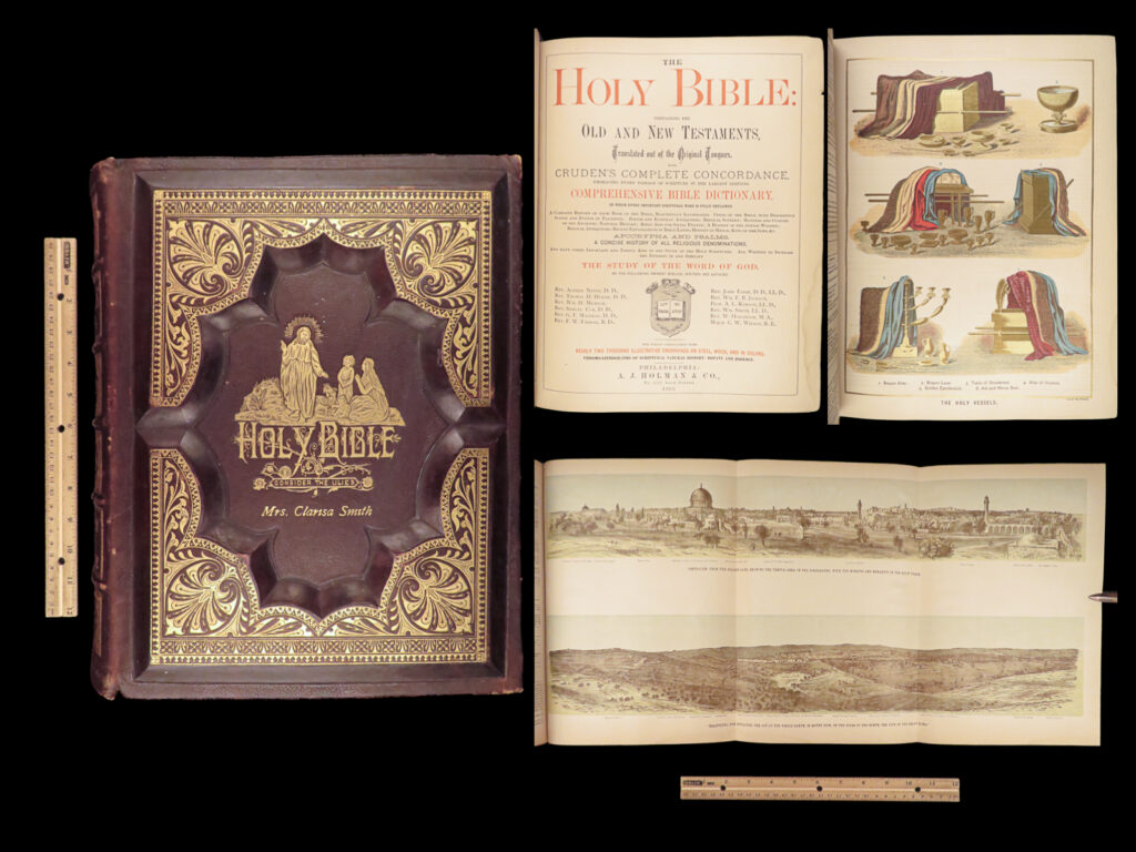 The holy bible – holman – 1883 | illustrated, beautiful leather family bible | large illustrated holman family bible published in philadelphia in 1883, bound in decorative gilt leather, with full-page plates and color maps, bearing provenance to mrs. Clarisa smith.