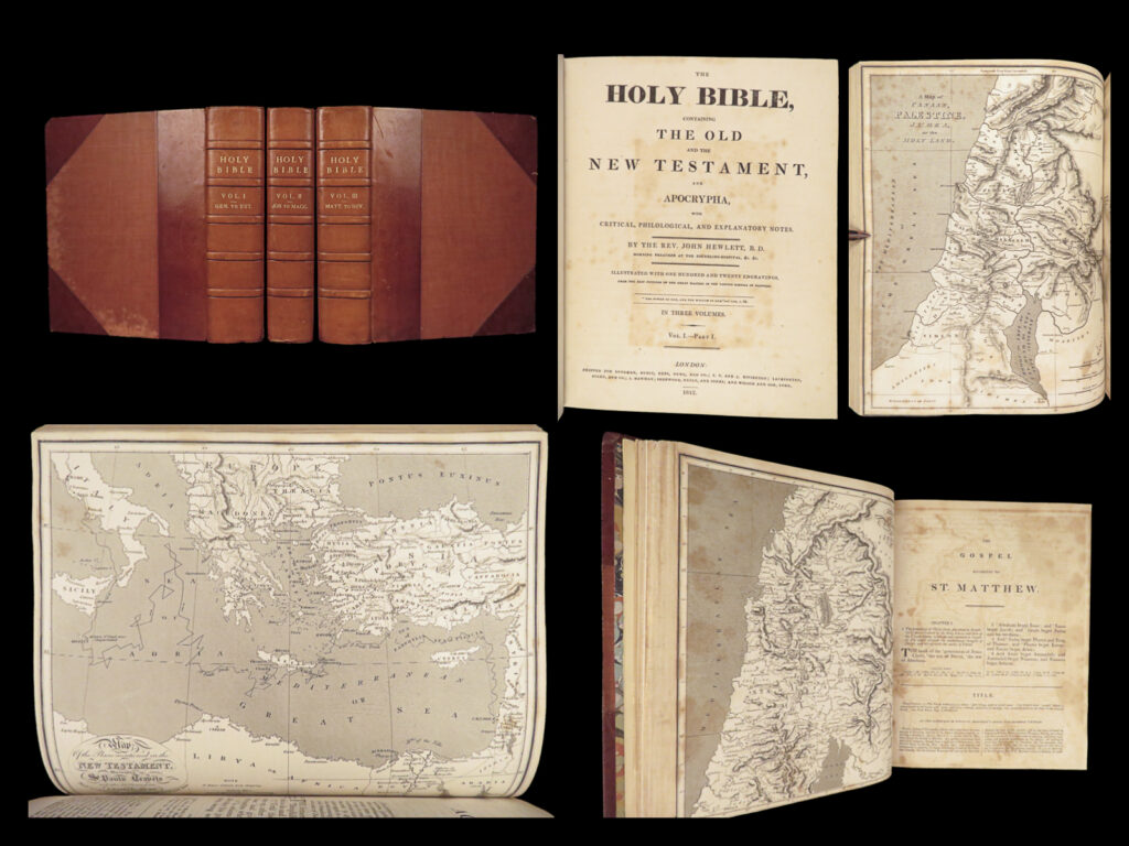 The holy bible – 1812 | john hewett commentary, 120 engravings, 3 huge volumes | the 1812 folio edition of the holy bible edited by john hewlett, printed in london, with 120 engraved plates across three volumes and complete with apocrypha and critical notes.