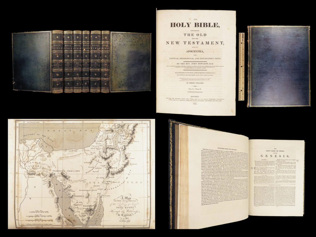 The holy bible – 1812 | john hewett commentary, 120 engravings, 6 huge volumes | the 1812 folio edition of the holy bible edited by john hewlett, printed in london, with 120 engraved plates across six volumes and complete with apocrypha and critical notes.