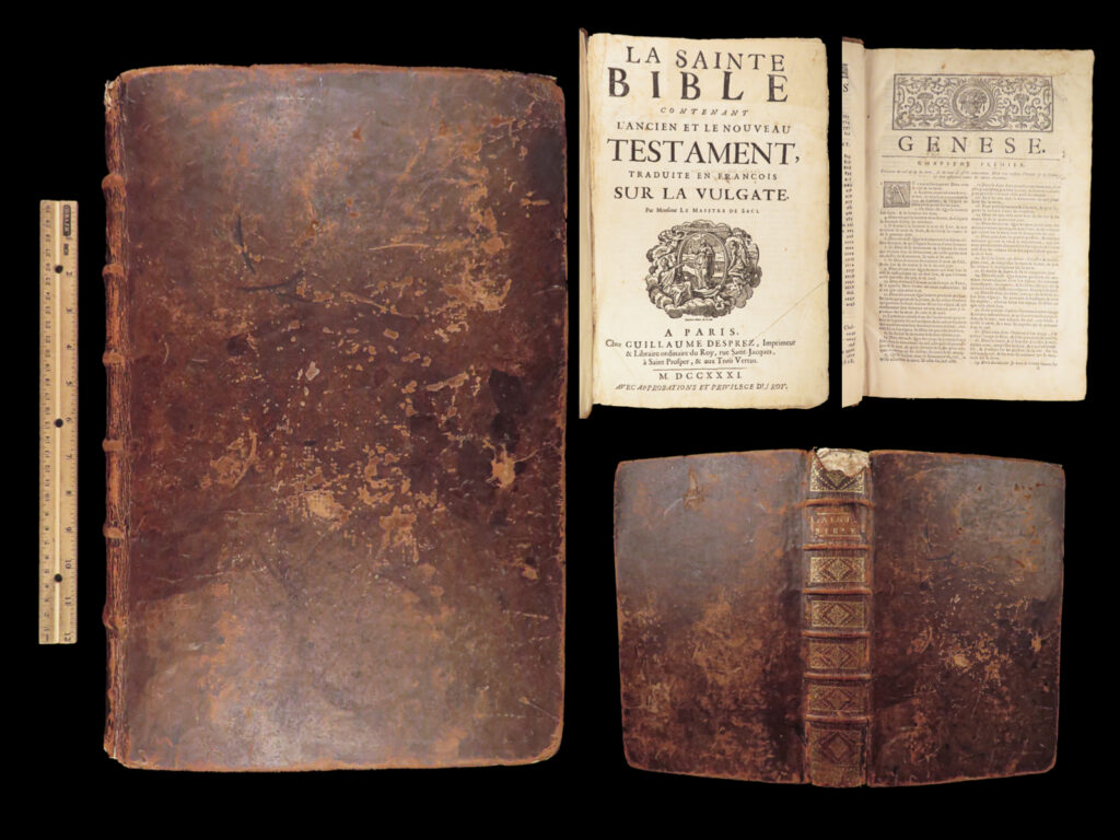 La sainte bible – holy bible – 1731 | de sacy french translation, huge folio | la sainte bible, edited by louis-isaac lemaistre de sacy and printed in paris by guillaume desprez in 1731, is a substantial folio french translation of the old and new testaments from the vulgate.