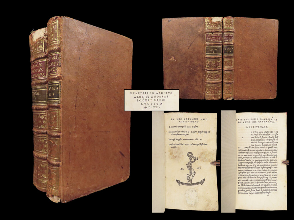 In hoc volvmine haec continentvr – suetonius – 1516 | early aldine, two volumes | printed by the aldine press in 1516, this latin edition edited by giovanni battista egnazio includes four classical roman works by suetonius, victor, eutropius, and paul the deacon.