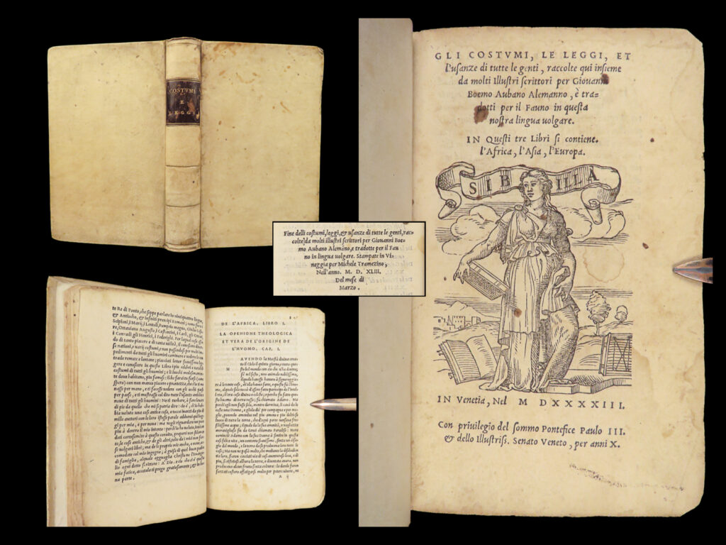 Gli costumi, le leggi, et l'usanze – joannes boemus – 1543 | first ethnography survey | 1543 italian edition of boemus’s ethnographic record of global customs, covering laws, rituals, and cultural norms from ethiopia to the ottoman empire, printed in venice in full vellum.