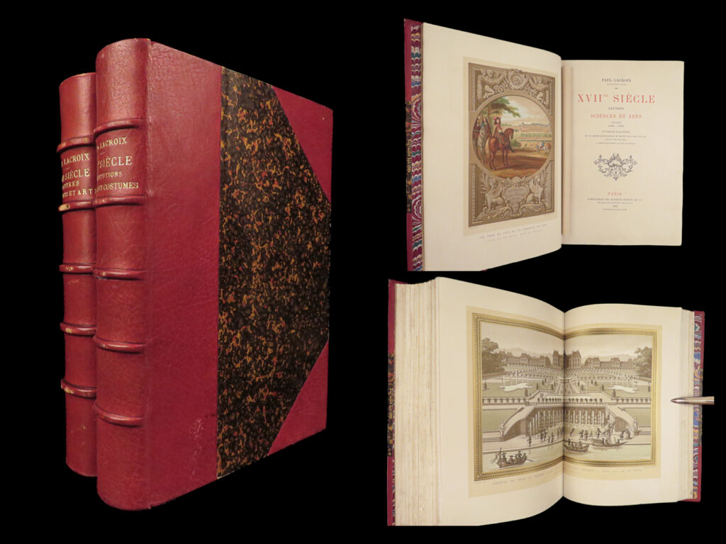 Le xviie siècle – lacroix – 1880 | beautiful gilt leather binding | 2 volumes | this 1880 french set on 17<sup>th</sup>-century customs, institutions, and everyday life brings together hundreds of illustrations and color plates in a striking gilt red leather binding. Written by paul lacroix, this edition covers how people lived, dressed, worked, ate, and entertained themselves in france from the turn of the 16<sup>th</sup>-century through the end of the 17<sup>th</sup>-century. This book follows the structure of french society from the top down, beginning with royalty and ending with working-class families. Each chapter describes how these groups functioned and interacted, from their clothing and food to their roles in the state, church, and military. It also includes <em>lettres sciences et arts</em>, a volume focused on the intellectual developments from 16<sup>th</sup>-century france. The full-color plates add real period texture and, along with the beautiful binding, make this set truly remarkable.   <strong>bibliographic details</strong> <ul> <li><strong>title:</strong><em> le xviie siècle: institutions, usages et costumes… lettres sciences et arts, france 1590–1700</em></li> <li><strong>author(s):</strong> paul lacroix</li> <li><strong>illustrator(s):</strong> various</li> <li><strong>publisher:</strong> paris, firmin-didot frères</li> <li><strong>edition:</strong> first edition, 1880. </li> <li><strong>format:</strong> large octavo, 2 volumes</li> <li><strong>binding:</strong> red moroccan leather spine and corners, marbled boards</li> <li><strong>size:</strong> 11. 5in x 8. 5in (29cm x 21. 5cm)</li> <li><strong>collation:</strong> <ul> <li>“costumes” – [4], viii, 580 pp</li> <li>“sciences” – [4], viii, 581, [1] pp</li> </ul> </li> <li><strong>illustrations:</strong> <ul> <li>“costumes” – 16 chromolithographs; hundreds of in-text engravings</li> <li>“sciences” – 17 chromolithographs; 300 in-text engravings</li> </ul> </li> <li><strong>contents include:</strong> <ul> <li>the origins and functions of la ligue & the royal army of st. Cloud</li> <li>the regency of marie de medici</li> <li>the political and diplomatic relationship between louis xiii and cardinal richelieu</li> <li>description of the people living in paris under the reign of henry iv</li> <li>erection of the arc de triomphe, honoring louis xiv</li> <li>extensive section on french theater and its influence on society</li> <li>descriptions of early printing presses in paris</li> <li>identifying features in french art and painting</li> </ul> </li> </ul> <strong> </strong> <strong>condition:</strong> original red publisher’s leather spine and cloth boards showcases ornate gilt tooling and marbled boards, with minor wear consistent with age. Gilt page edges are bright and intact, protecting the text block. Features patterned marbled endpapers. Beautiful illustrations throughout, chromolithograph plates retaining their vibrancy. A beautiful display.   <strong>why collect this? </strong> <ul> <li>original 1880 and 1882 first editions with 16 and 17 color lithographs</li> <li>gilt publisher’s red leather and cloth binding in unusually well-preserved condition</li> <li>visual documentation of 17th century french life across every social class</li> <li>includes descriptions of fashion, architecture, court ceremony, food, salons, and urban life</li> </ul> <strong>item number: </strong>#29355