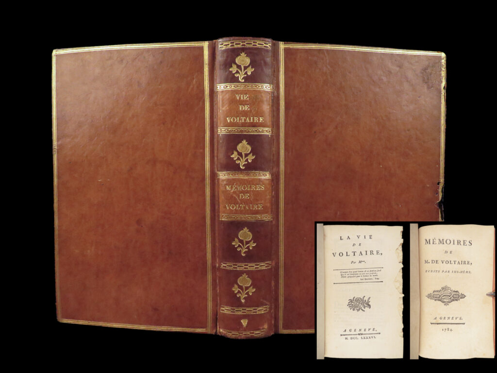 La vie de voltaire – theophile duvernet – 1786 | first geneva edition | 1786 geneva first edition of duvernet’s la vie de voltaire, complete with memoires de m. De voltaire, bound in full leather with gilt spine, showing worming on cover and preliminary leaves.