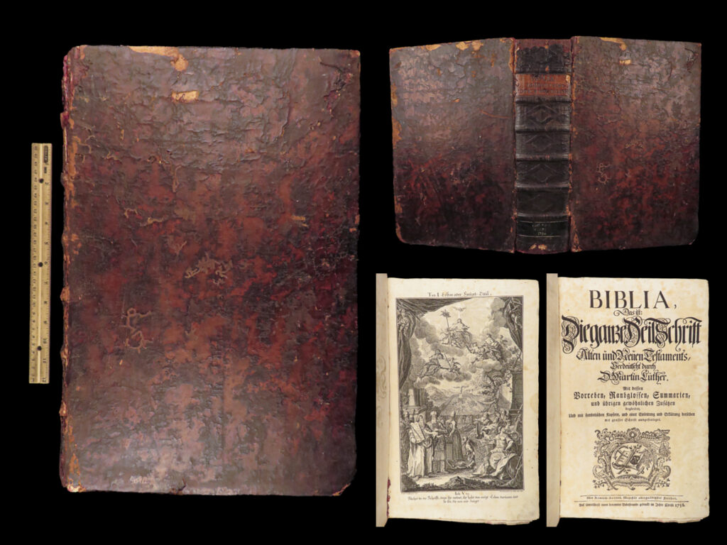 Biblia – martin luther – 1756 | leipzig & regensburg, huge german bible | german luther bible printed in leipzig and regensburg in 1756, a large folio including the augsburg confession, with separate title pages for prophets and new testament and five full-page engravings.