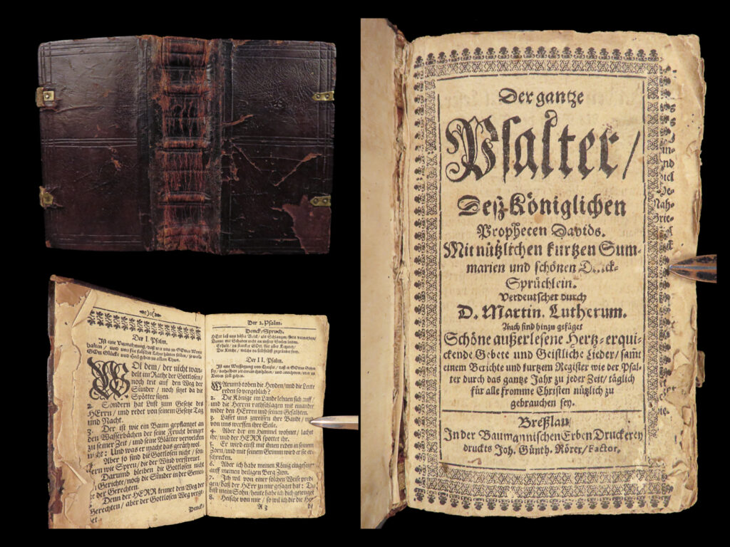 Der gantze psalter – martin luther – ca. 1690 | german psalms of david | luther’s psalter in german with summarien and denck-spruechlein, printed in breslau circa 1690, a compact devotional edition in leather binding.