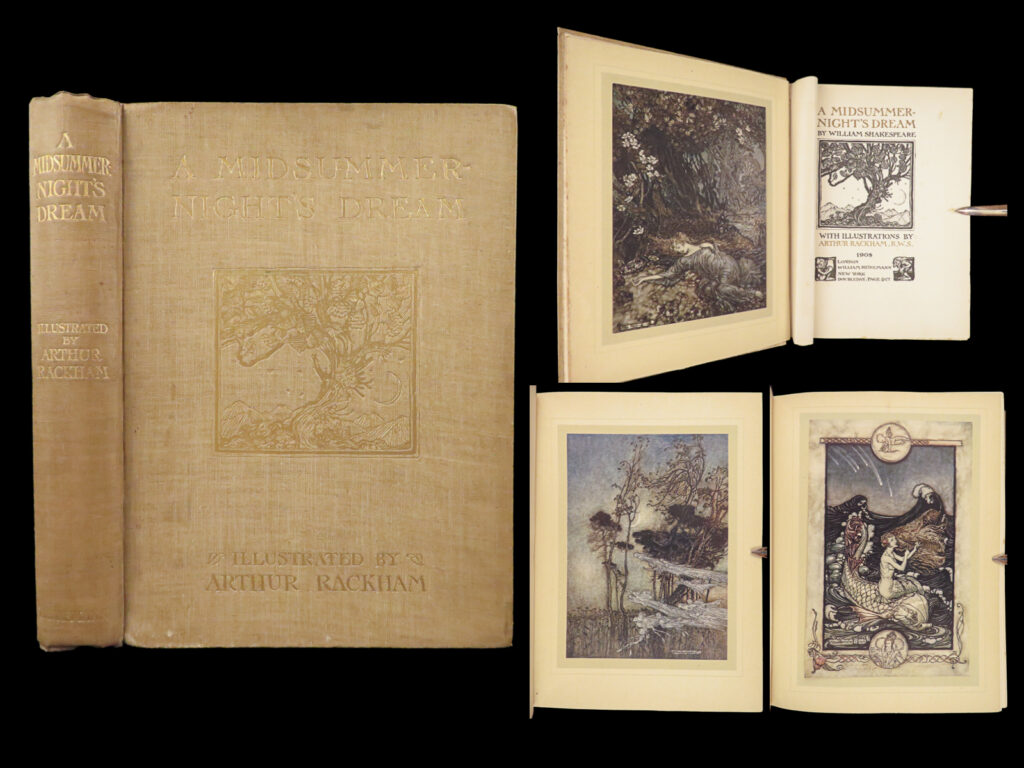 A midsummer night's dream – william shakespeare – 1908 | first edition illustrated by arthur rackham | this 1908 first edition of shakespeare’s <em>a midsummer night’s dream</em> is illustrated by arthur rackham, with 40 tipped-in color plates that have often been referenced as the famous artist’s finest work.
