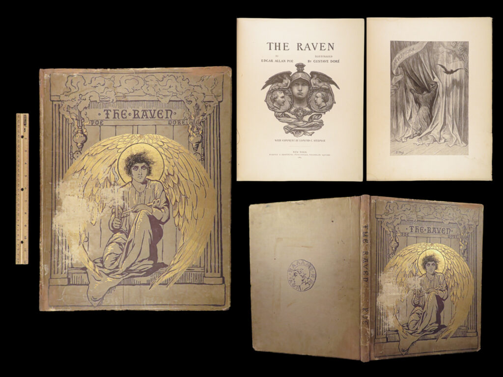 The raven – edgar allan poe – 1884 | gustave doré folio first edition | the raven poe dore 1884 edition pairs poe’s iconic poem with gustave doré’s steel engravings in a large harper folio. First edition with stedman’s commentary and rare poe ephemera laid in. A scarce, oversized illustrated classic from the late 19th century.