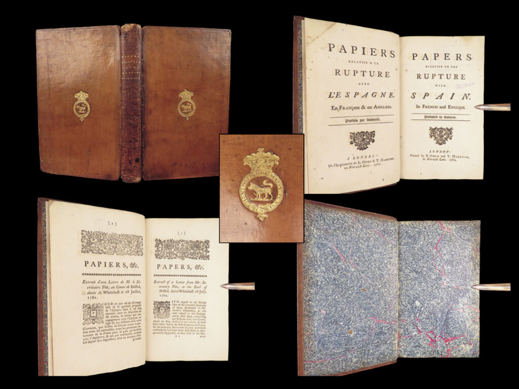Papers relative to the rupture with spain – 1762 | william pitt letters, historical provenance | first edition, london 1762, papers relative to the rupture with spain, recording correspondence of pitt, hervey, and wall in parallel french and english, with 279 pages bound in full leather.
