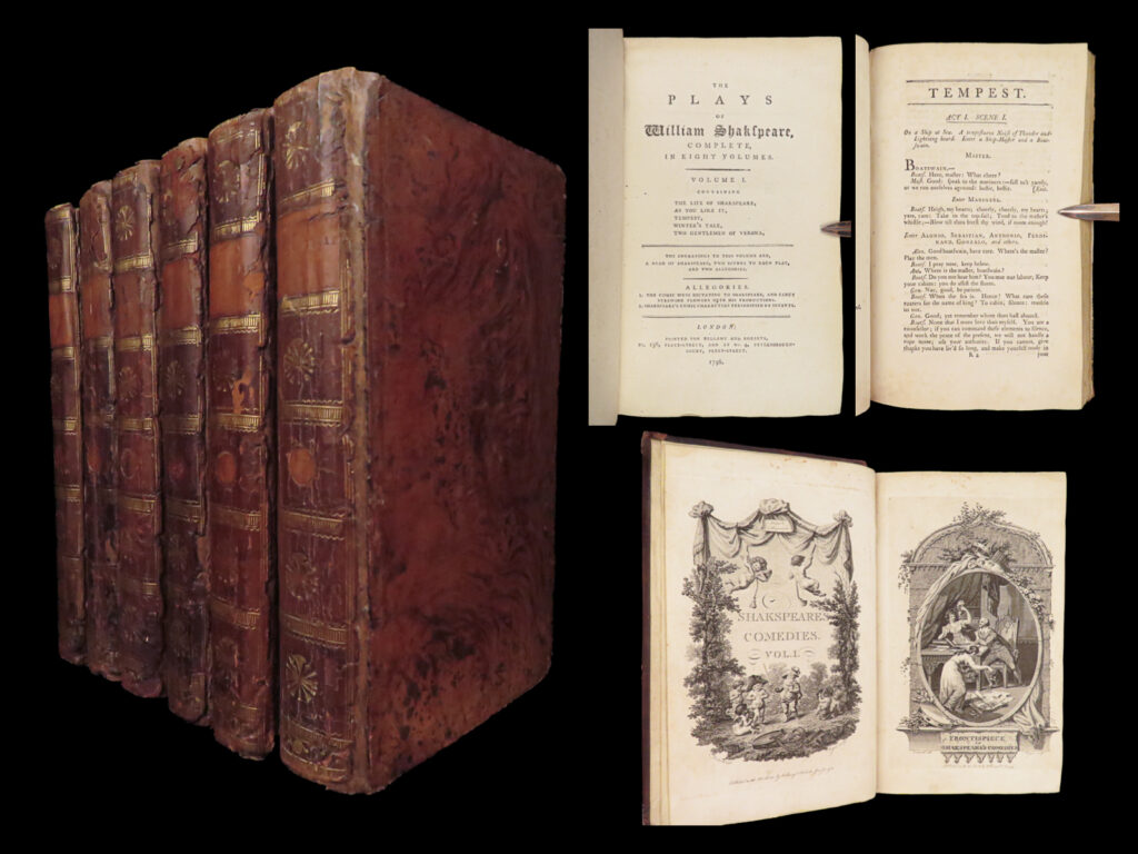The plays of william shakespeare – 1796 | english, illustrated 6 volumes | six-volume partial 1796 bellamy and robarts edition of the plays of william shakspeare, with allegorical engravings and divisional titles, bound in uniform full leather.