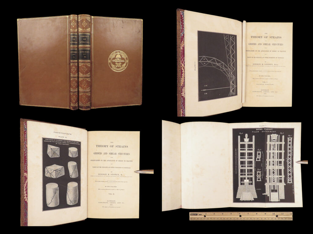 Theory of strains in girders – bindon stoney – 1869 | illustrated physics & engineering | stoney’s the theory of strains in girders and similar structures (1869) is a two-volume second edition on elasticity, strength of materials, and engineering practice, illustrated with plates and figures, in gilt leather binding.