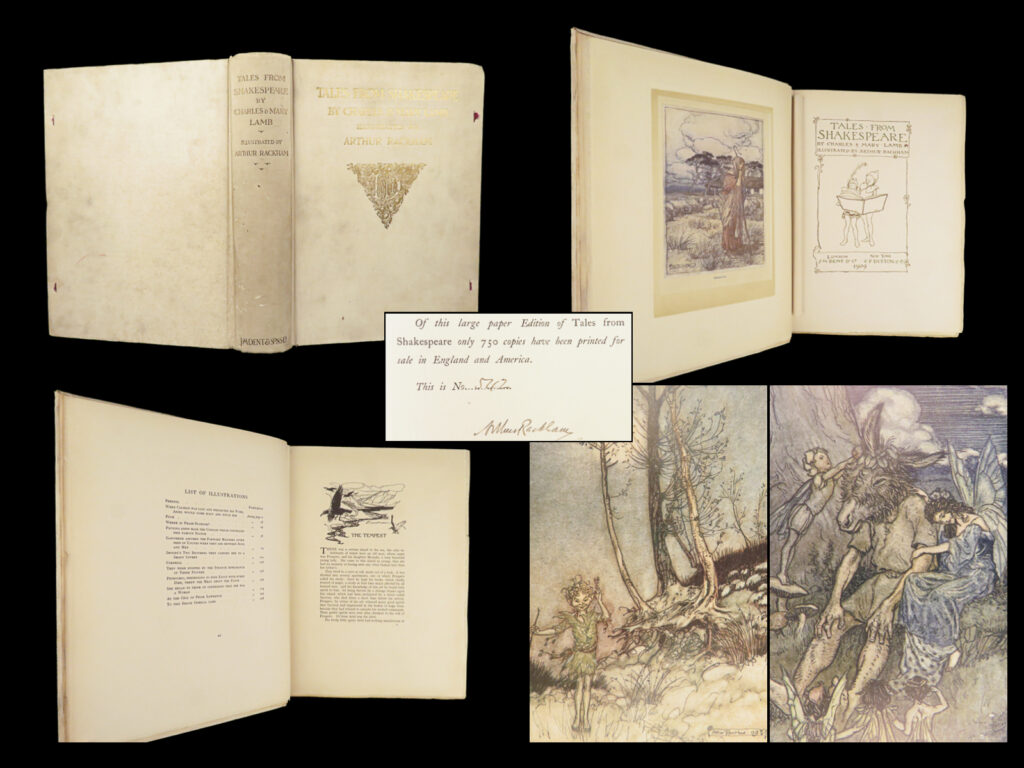 Tales From Shakespeare – Charles &Amp; Mary Lamb – 1909 | Signed By Arthur Rackham | 1 Tales from shakespeare – charles & mary lamb – 1909 | signed by arthur rackham | this 1909 deluxe edition of <em>tales from shakespeare</em> by charles and mary lamb presents classic tales from the bard written for young audiences. This limited edition features 13 color plates by arthur rackham and is signed by the artist.