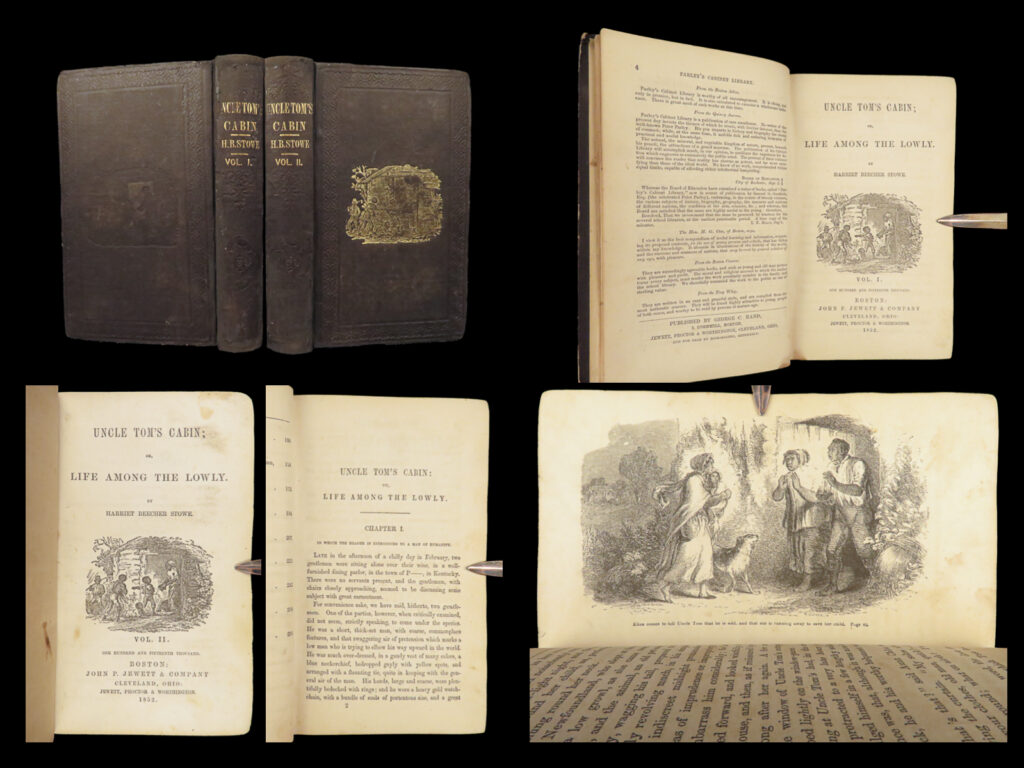 Uncle Tom'S Cabin, Harriet Beecher Stowe – 1852 | First Edition In 2 Volumes | 1 Uncle tom's cabin, harriet beecher stowe – 1852 | first edition in 2 volumes | <em>“a moral battle cry for freedom! ”</em> <em> </em>– langston hughes on <em>uncle tom’s cabin. </em> <em> </em> no other work of literature helped lay the groundwork for the american civil war quite like harriet beecher stowe’s ‘<em>uncle tom’s cabin</em>. ’ in turn, many historians have ‘credited’ this novel with being the contributing factor to the civil war. This incredible story portrays slave families being torn apart through being sold and resold by slave masters. This story had a polarizing reaction. Over 300,000 of the first edition had to be printed, but remarkably was banned in most of the american south! Even still, it was the most-popular and highest-selling book in the 19<sup>th</sup>-century and is on the grolier american 100! <em> </em> according to ‘<em>printing and the mind of man</em>’, “the impact of ‘uncle tom’s cabin’ on the united states was great than that of any book before or since”.   item number: #28613 price: $950
