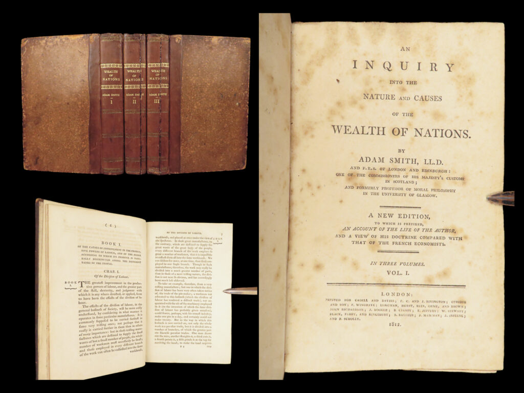 Wealth of nations – adam smith – 1812 | foundational economics, 3v set | adam smith’s wealth of nations, printed in london in 1812 by cadell and davies, is an early octavo edition in three volumes with restored leather spines and complete text.